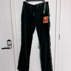 Off-white, green velour trousers